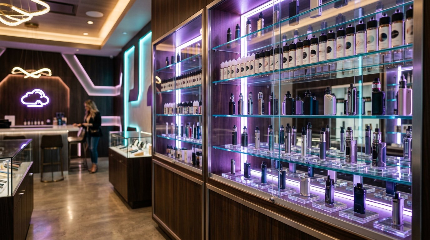 Vape display racks at Greenhouse Smoke Houston TX